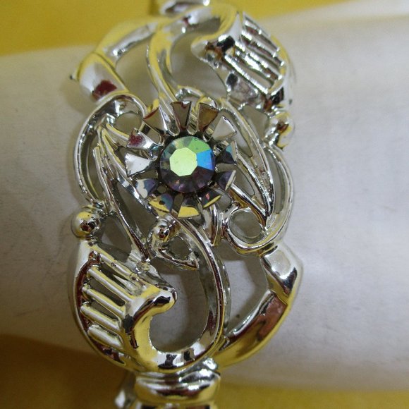 AB Rhinestone Silver Tone Bracelet Ornate Open Work Arora Borealis Rhinestone - Picture 2 of 11